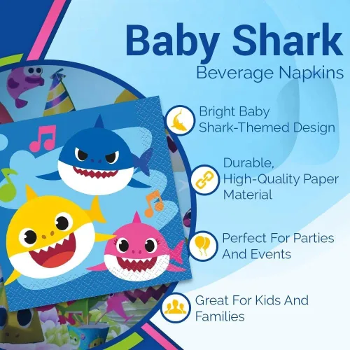 Miniatura 5 de Baby Shark - Servilletas multicolor para bebidas, 5 pulgadas (paquete de 16), servilletas de papel vibrantes, perfectas para fiestas infantiles