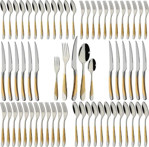 Juego de cubiertos dorados de acero inoxidable de 60 piezas, juego de cubiertos de cocina, juego de utensilos de mesa para la cocina, incluye