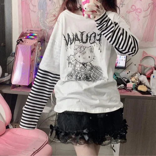 Miniatura 5 de Camisetas de manga larga de anime para mujer, retazos, Kawaii Harajuku, falsas de dos piezas góticas