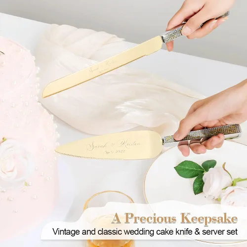 Miniatura 2 de Juego de cuchillo y servidor para pastel de boda, juego de corte de pastel personalizado, elegantes cortadores de pasteles grabados con diamantes