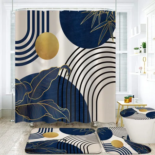 Miniatura 9 de LQCOOL Juego de cortinas de baño azules, 4 piezas de cortina de ducha geométrica de arte moderno con 12 ganchos, impermeable, opaca, 70.8 pies