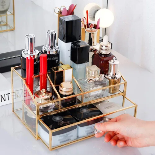 Miniatura 5 de YUEHUA Organizador de maquillaje de cristal, organizador de brochas de maquillaje transparente, caja de exhibición de joyas, esmalte de uñas dorado