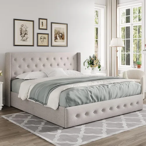 Miniatura 8 de Allewie Cama de almacenamiento elevable tamaño Queen, cabecero capitonado con botones con respaldo de ala, soporte hidráulico, no necesita somier