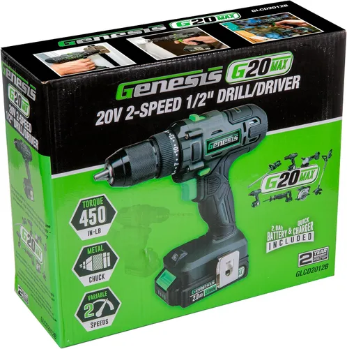 Miniatura 9 de Genesis 20V 1/2" Taladro inalámbrico con batería y cargador, portabrocas metálico con trinquete, 450 pulgadas-libras, batería y cargador de 2.0Ah