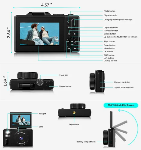Miniatura 7 de Cámara digital, cámara de viaje UHD 5K de 80MP, cámaras compactas con zoom 18X, cámara de vlogging para YouTube con pantalla abatible de 3" 180°