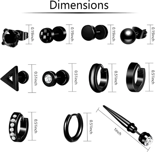 Miniatura 2 de ONESING Juego de 15 pares de aretes para hombre, aretes negros de acero inoxidable, aretes de cruz para hombres y mujeres, hipoalergénicos