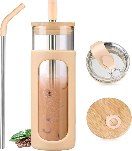 Miniatura 28 de Kodrine Vaso para agua de vidrio de 20 onzas con popote y tapa, botella de agua con tapas de bambú, taza para café helado, reutilizable, boca ancha