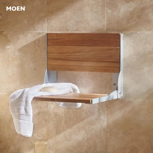 Miniatura 6 de Moen Muebles de seguridad para el baño, asiento de ducha plegable de aluminio de madera de teca, banco de ducha montado en la pared, DN7110