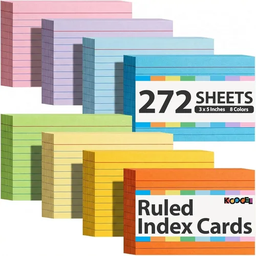 Koogel Tarjetas de índice de 3 x 5, 272 unidades, tarjetas flash a rayas de colores para estudiar, 34 paquetes de 8, tarjetas de notas forradas de