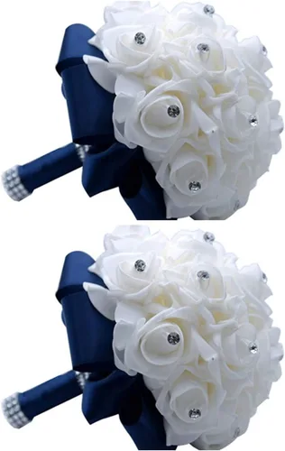 Miniatura 13 de S_SSOY Ramo de boda de cristal PE rosas para novia, dama de honor, flores de mano para fiesta, iglesia, día de San Valentín, azul marino