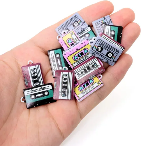 Miniatura 4 de Honbay 16 dijes de música de aleación, divertidos dijes de cinta de casete, colgantes retro para aretes, pulseras, collares, joyería (4 colores)