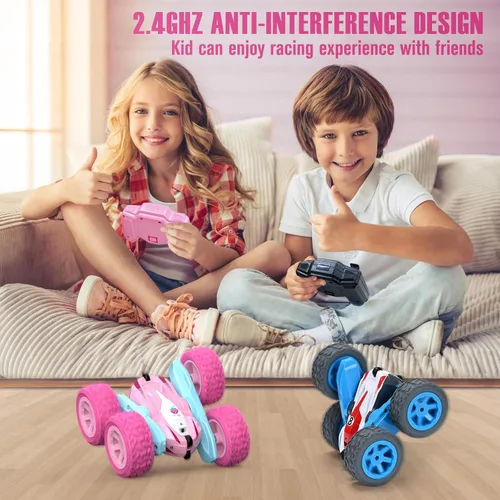 Miniatura 4 de Automóvil a control remoto, camiones RC rosas para niñas, camión RC recargable, juguete de auto de acrobacias de doble cara de 2.4Ghz rotación 360°