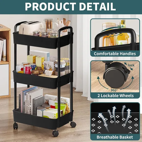 Miniatura 3 de EZ COZY Carrito rodante de 3 niveles, organizador de pañales de plástico con ruedas, carrito con ruedas para pañales, guardería de bebé, cocina