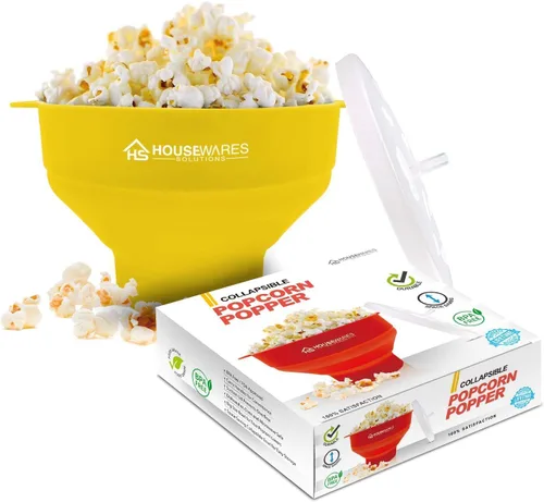 Tazón plegable de silicona para microondas con aire caliente para hacer palomitas de maíz con tapa y asas (Amarillo)