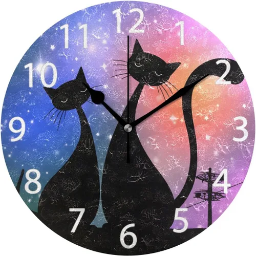 senya Reloj de pared redondo con diseño de gatos mágicos, pintura al óleo silenciosa que no hace tictac, decorativo para el hogar, oficina, escuela,