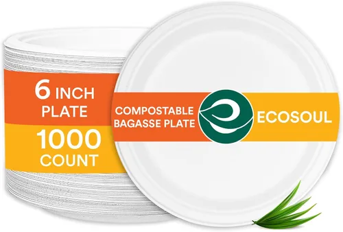 ECO SOUL Platos de papel compostables de 6 pulgadas, paquete de 1000 – Pequeños platos de postre desechables, resistentes, bagazo blanco, aptos para