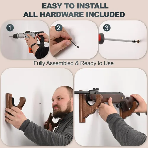 Miniatura 5 de TESLYAR Soporte de pared para rifles, ganchos para pistola con figuras para rifles y escopetas, estante de madera para armas, soporte de madera