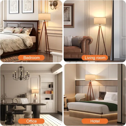 Miniatura 7 de LiteHistory Lámparas de pie de trípode de madera para sala de estar, dormitorio y oficina, lámpara de pie con pantalla de lino beige, bombilla
