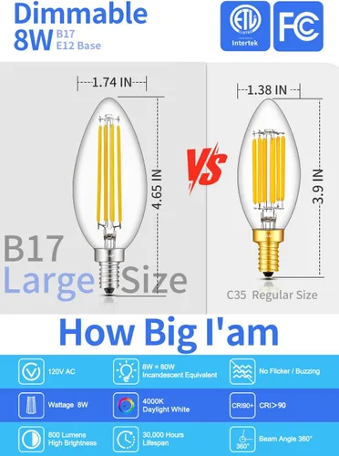 Miniatura 2 de 8W 4000K LED Candelabra Bulb Neutral White, 80W Equivalent 800 LM Dimmable E12 LED Candle Bulbs, Lengthened & Enlarged B17 Clear Glass Torpedo