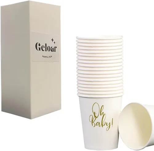 Oh Baby - Vasos de fiesta para baby shower, paquete de 20 vasos de papel desechables dorados de 9 onzas para fiesta de baby shower