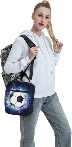 Miniatura 7 de Lonchera Deportiva con Estampado de Fútbol, Bolsa de Almuerzo Aislada Azul para Niños, Adolescentes, Niños y Niñas, Bolsa de Almuerzo Reutilizable