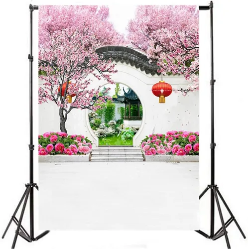 Miniatura 4 de AOFOTO Telón de fondo de flores de cerezo de 3 x 5 pies, farol rojo para sesión de fotos, jardín chino, patio, arco, puerta de arco, tema