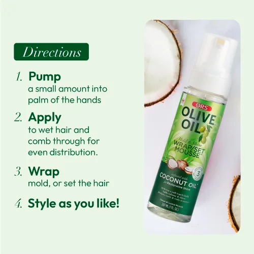 Miniatura 9 de ORS Set de envoltura de aceite de oliva Hold & Shine Mousse infundida con aceite de coco para un brillo reparador, 7 onzas