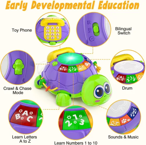 Miniatura 6 de INNOSKY Juguetes para bebés de 6 a 12 meses, juguetes musicales de tortuga para gatear y tiempo de barriga, juguetes educativos bilingües para niños
