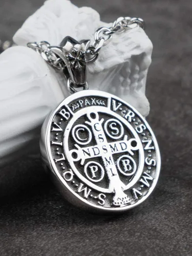 Miniatura 3 de Titanium Stainless Steel Cross Saint Benedict Medal Pendant Necklace for Men Women70cm Chain