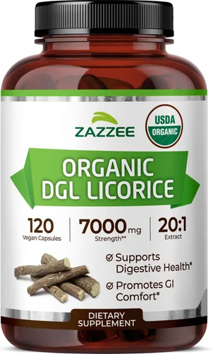 Zazzee USDA Organic DGL Regaliz Extracto 20:1, 120 cápsulas veganas, suministro para 4 meses, raíz de regaliz deglicirrizinada, Glycyrrhiza Glabra,