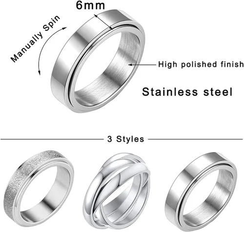 Miniatura 8 de Nanafast 3 anillos giratorios para la ansiedad, anillos giratorios de acero inoxidable para mujeres y hombres, anillos para aliviar el estrés