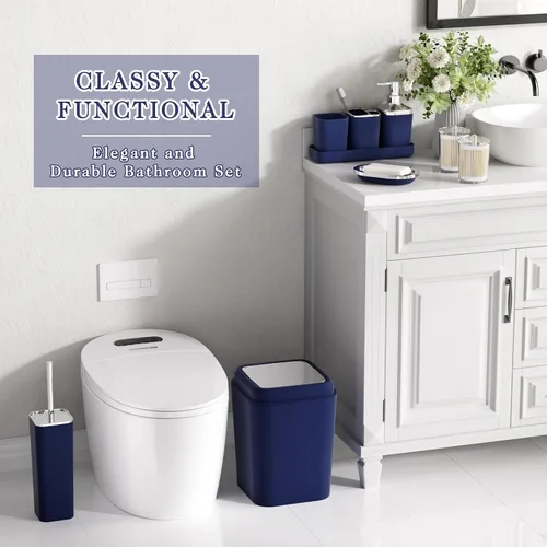 Miniatura 3 de XLHOMO - Juego de baño beige de plástico de 9 piezas, con basurero, dispensador de jabón, portacepillos de dientes, vaso, jabonera, cepillo