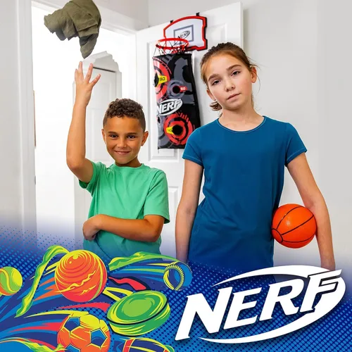 Miniatura 7 de NERF Cesta de aro de baloncesto – Cesta para ropa sucia sobre la puerta + objetivo de disparo – Mini canasta de aro + juego de baloncesto