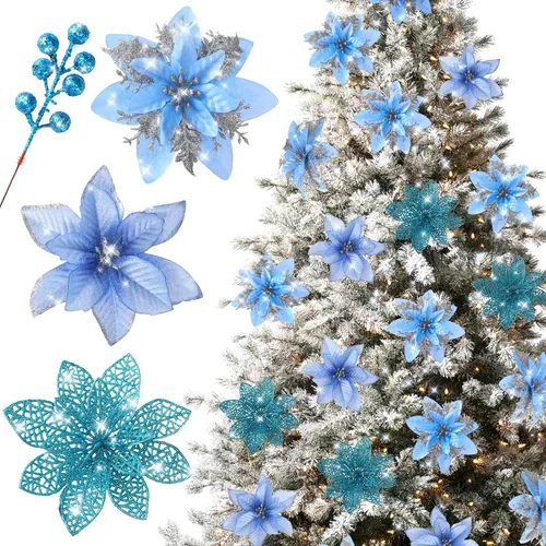 Floweroyal 30 piezas Flores de Pascua Artificiales de Navidad Decoraciones con Clips y Tallos de Bayas Adornos con Purpurina para Árbol de Navidad