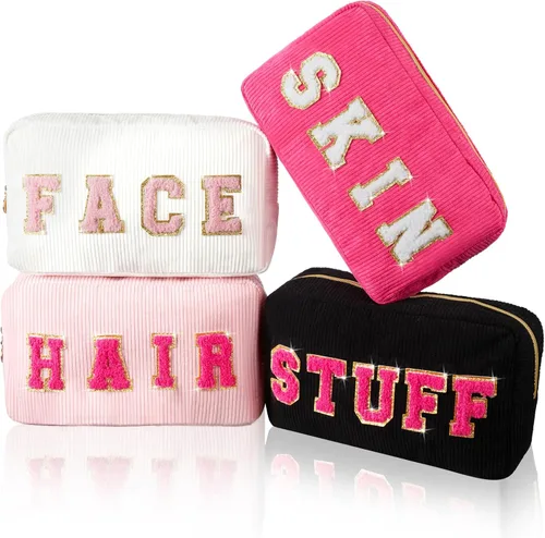 Miniatura 16 de Pinkunn 4 Piezas Bolsas de Maquillaje Preppy Bolsas de Chenilla con Letras de Viaje Organizador Facial Piel Cabello Higiene Cosmética Bolsa de Aseo