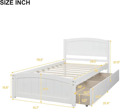 Miniatura 2 de Marco de cama moderno de madera maciza con cajones, plataforma de cama con soporte de listones de madera, no necesita somier, tamaño individual