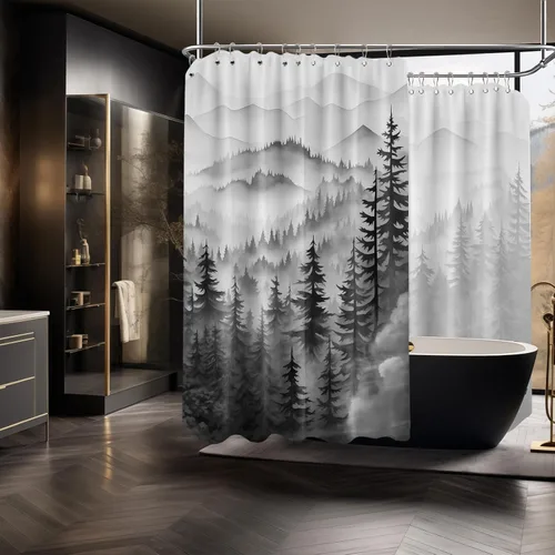 Miniatura 47 de Cortina de ducha azul marino de bosque Cortina de ducha azul oscuro de montaña y naturaleza para decoración de baño de hombres, tela impermeable