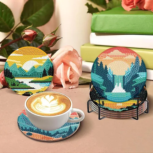 Miniatura 6 de Clendo Juego de 8 posavasos de arte de diamantes de paisaje con soporte, kits de arte de diamantes pequeños al atardecer para adultos principiantes