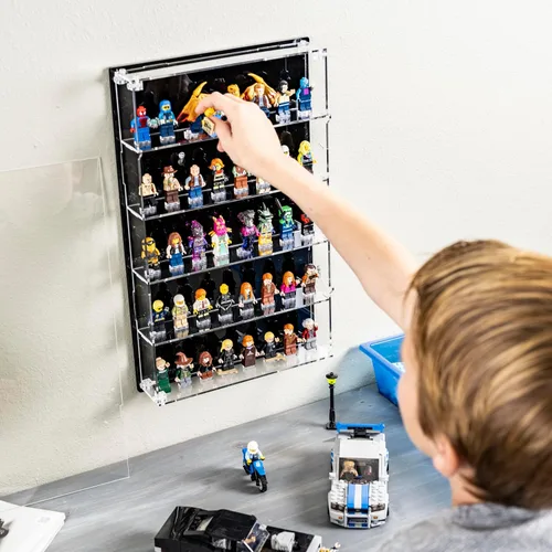 Miniatura 4 de Vitrina de minifiguras de acrílico, estantes de almacenamiento de figuras pequeñas de montaje en pared con fondo negro, capacidad para 40