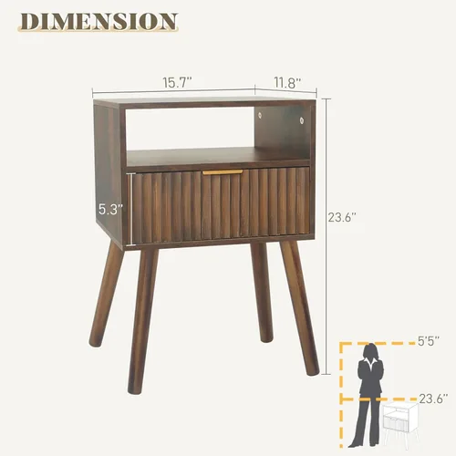 Miniatura 3 de Fultyle Mesita de noche de nogal, mesa de noche de madera con cajones acanalados y estante abierto, mesita de noche de madera para dormitorio