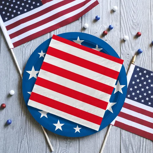Miniatura 7 de Suministros de fiesta patriótica de bandera estadounidense, platos de papel desechables para cenas, platos de papel para postres, servilletas