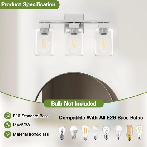 Miniatura 6 de Lámpara de tocador de baño de níquel cepillado, diseño cuadrado de 3 luces, certificación UL y luces cuadradas para baño sobre el espejo