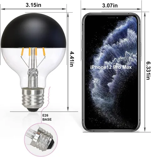 Miniatura 5 de Bombilla media cromada, regulable de 6 W (equivalente a 60 vatios), bombillas LED Edison G25/G80, mitad negra, forma de globo, 2700 K, blanco