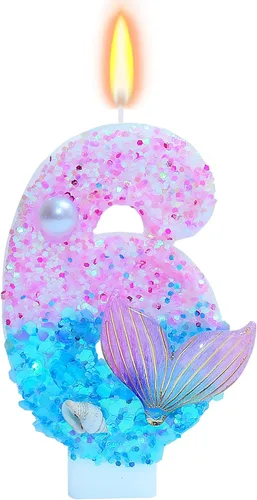 Miniatura 15 de Velas de cumpleaños con temática de sirena, número 4 para niñas, suministros para fiesta de cumpleaños con purpurina, decoración de fiesta