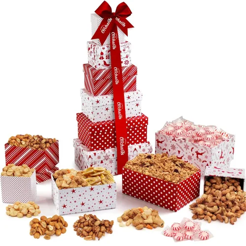 Torre de cesta de regalo con nueces frescas y aperitivos, indulgencia de antojos gourmet - Set de cesta de comida de 6 niveles, gran regalo para
