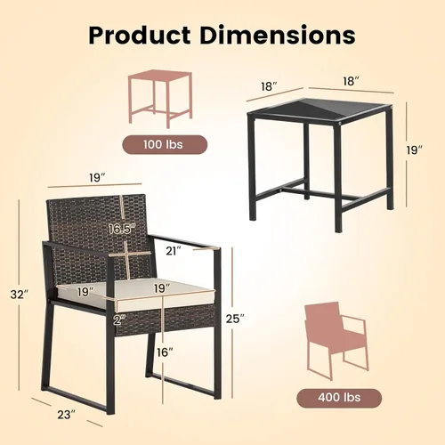 Miniatura 4 de Tangkula Juego de muebles de patio de 3 piezas, moderno y resistente para todo tipo de clima, sillas de mimbre y mesa auxiliar, adecuado para porche