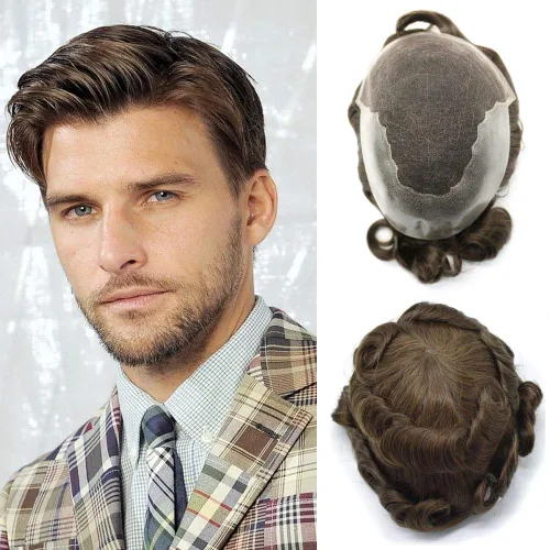 Miniatura 94 de Toupee para hombres pieza de pelo suave suizo encaje real sistema de cabello humano reemplazo blanqueado nudo mens tupé sistema de pelo para hombres