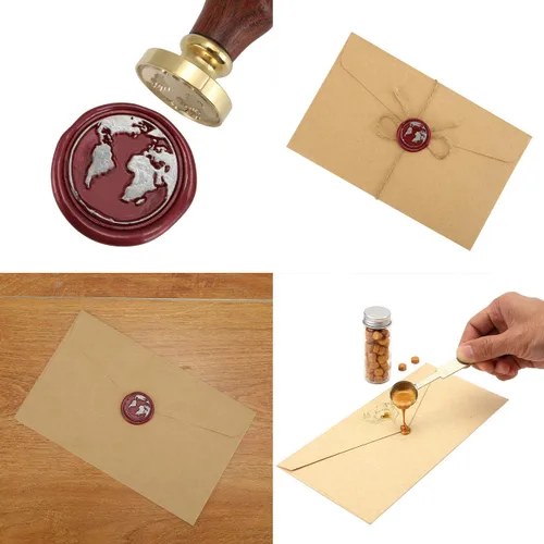 Miniatura 7 de Yoption Earth Map - Sello de cera con cabeza de latón vintage con mango de madera, sello de cera para invitaciones de boda, sobres, regalos