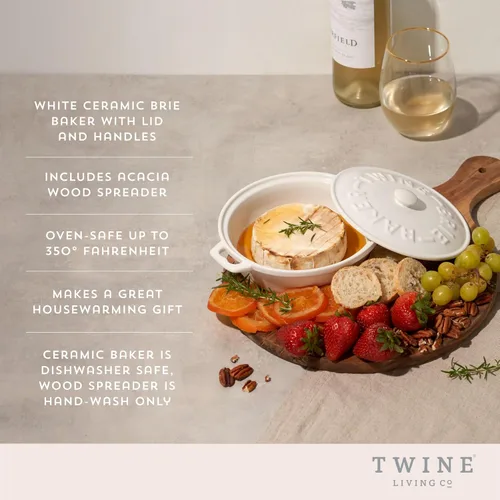 Miniatura 2 de Cazuela de queso Twine de cerámica con esparcidora de madera de acacia, cazuela de queso brie con tapa, cazuela para hornear queso brie, utensílios