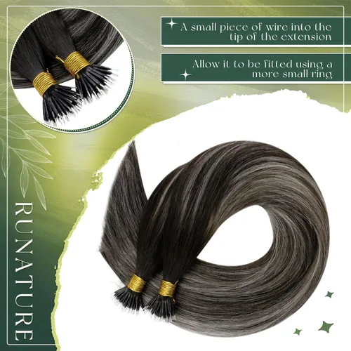 Miniatura 3 de RUNATURE Extensiones de cabello humano nano color negro degradado plateado, 14 pulgadas, 1.76 onzas, 50S, extensiones de cabello Remy suave liso